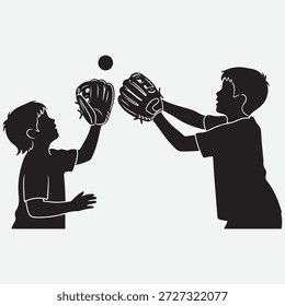 Two boys silhouettes playing baseball catching a ball with gloves children