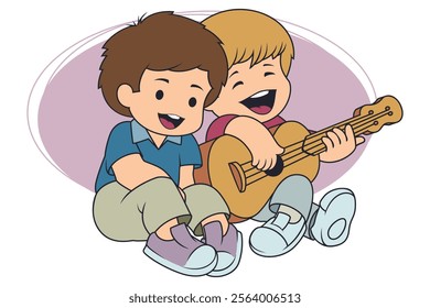 Two boys singing with a guitar. Funny people. Illustration concept template for website, web landing page, banner, presentation, social, poster, promotion or print media.