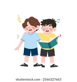 Two Boys Singing Together Holding Songbook Cute Cartoon Illustration