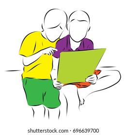 Two boys sit beside and look at the book Color vector illustration on the theme of play, leisure, friendship, study of children.