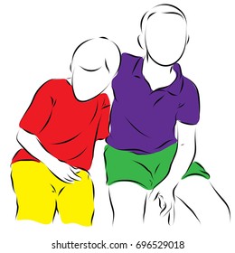 Two boys sit together, one boy hugs the other by the shoulders. Color vector illustration for kids.