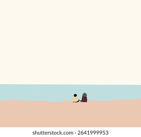 Two boys sitting on the beach enjoying beautiful seascape. Summer time, holiday vacation recreation activities. 