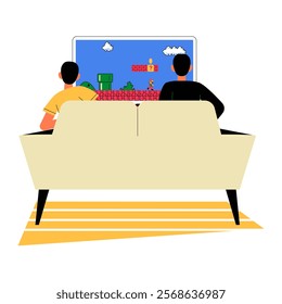 Two Boys Sitting On Couch Playing Video Game In Flat Vector Illustration Symbolizing Gaming, Entertainment, And Leisure, Isolated On White Background