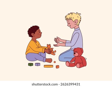 Dois meninos sentados no chão brincando com cubos e brinquedos de pelúcia. Garoto afro-americano segurando brinquedo de gato laranja. Atividade pré-escolar divertida. Ilustração de vetor plano isolada.