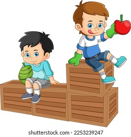 Two boys sitting on top of a fruit crate holding fresh watermelon and apple fruits of illustration