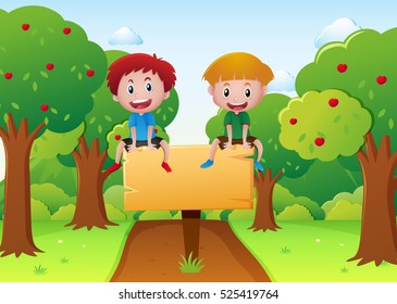 Two boys sitting on wooden sign illustration