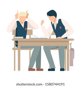 Two Boys Sitting At School Desk and Talking Vector Illustration