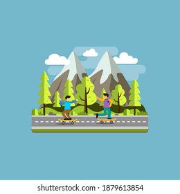 Two boys skateboarding in the mountains and forest, vector flat designs