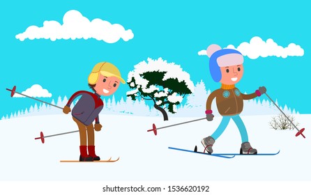 Two boys are skiing. Vector illustration, flat design.