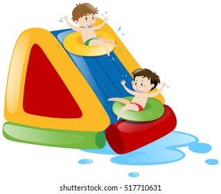 Dos niños deslizándose por la ilustración del tobogán de agua