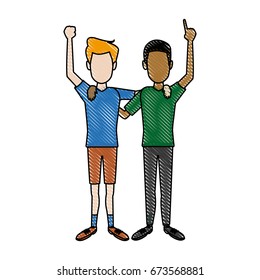 two boys smiling hugging and waving their hands best friends
