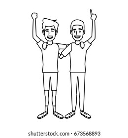 two boys smiling hugging and waving their hands best friends