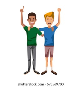 two boys smiling hugging and waving their hands best friends