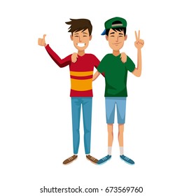 two boys smiling hugging and waving their hands best friends