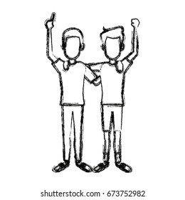 two boys smiling hugging and waving their hands best friends