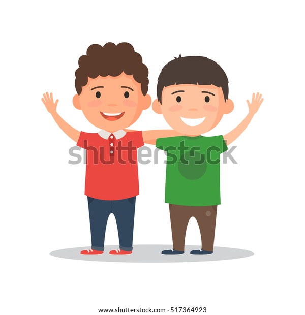 2人の男の子が微笑み 抱きしめ 手を振る 幸せな子どもたちの親友 白い背景に漫画のスタイルのベクターイラスト のベクター画像素材 ロイヤリティフリー