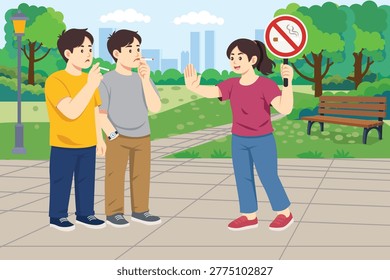 Two boys smoking cigarettes in a public park are warned and stopped by a woman holding a no smoking sign while showing a hand gesture, representing health awareness and anti smoking campaign.