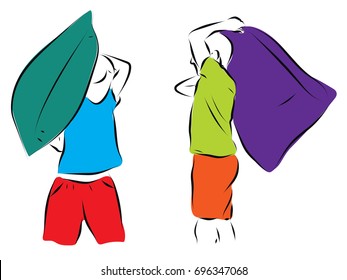 Two boys stand side by side and fight with pillows. Color vector illustration on the theme game, leisure of children.