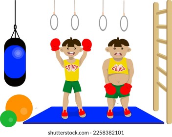 Two boys are standing in the gym wearing boxing gloves. They boxed. The winner is a slender and athletic boy. He is happy. The fat man lost. He is upset.