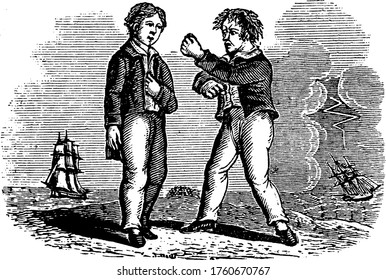 Two boys are standing and one of them is punching on others face but the other one does not reply and hence no fight will occur, vintage line drawing or engraving illustration.