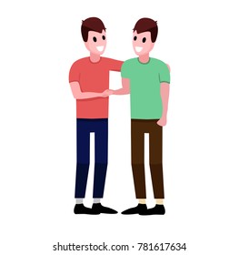 Two boys standing and shaking hands making peace or new acquaintance. School friendship. Colorful flat style cartoon vector illustration.