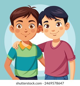 two boys standing together, one is wearing a green shirt and the other is wearing a blue shirt