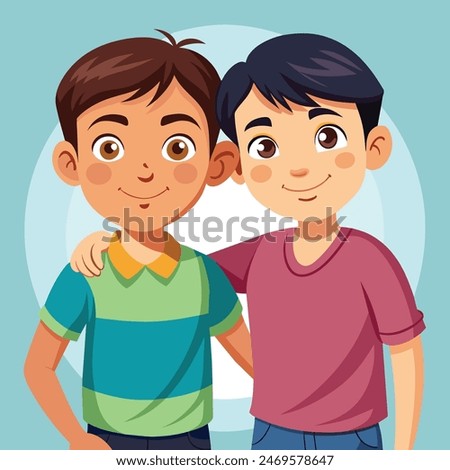 two boys standing together, one is wearing a green shirt and the other is wearing a blue shirt