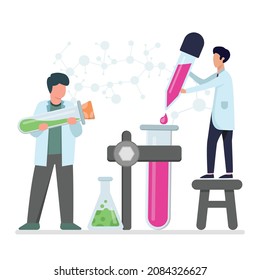 Two boys student doing experiments use test of tube the laboratory. Explosion in the laboratory. Science and education. Science is fun. Vector flat colorful illustration.