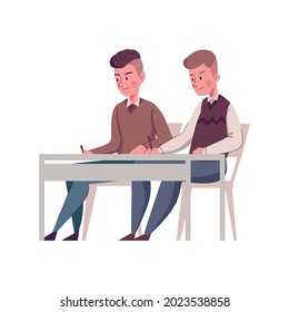 Two boys students sitting at desk in classroom flat vector illustration