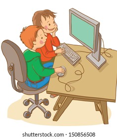 Two boys studying with computer.School activities. Back to School isolated objects on white background. Great illustration for a school books and more. VECTOR.