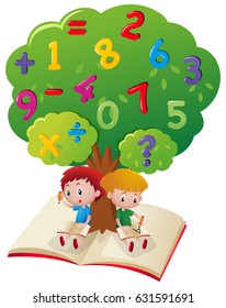 Two boys studying math under tree illustration