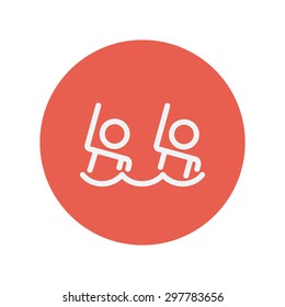 Two boys are swimming thin line icon for web and mobile minimalistic flat design. Vector white icon inside the red circle.