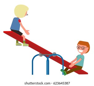 Two boys swing on a swing. Vector illustration. Flat style design. Isolated on a white background.