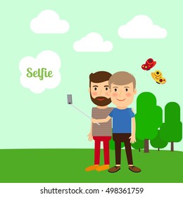 Two boys taking selfie in the park, cartoon vector illustration