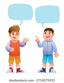 Two boys talking and expressing ideas with speech bubbles, standing and communicating. Isolated. Vector cartoon character illustration