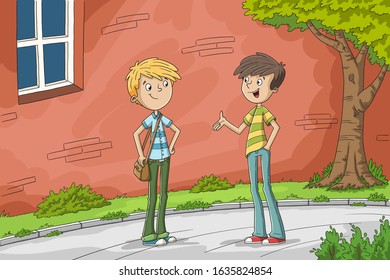 Two boys are talking. Hand drawn vector illustration with separate layers.