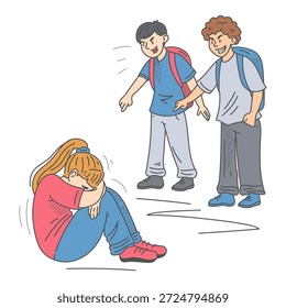 Two boys teasing girl vector isolated. Illustration of a school children making fun of their classmate. Victim of bullying sitting and crying. Conflict in school. Children pointing at girl.