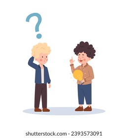 Two boys think and learn, vector illustration on white. Children, question marks and light bulbs, new good ideas. Design concept for children projects and education. Drawing in flat cartoon style.