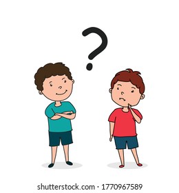 two boys thinking something under question mark vector illustration