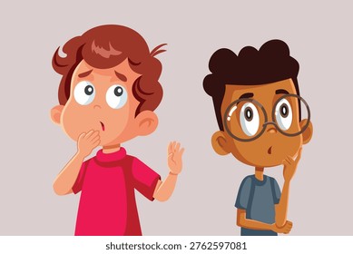 Two Boys Thinking Together Vector Illustration Characters. Schoolboys curious to find a solution to the problem together 
