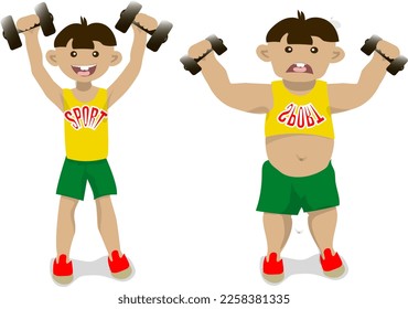 Dos niños están entrenando con campanas. El chico delgado y atlético es feliz. El gordo está molesto.
