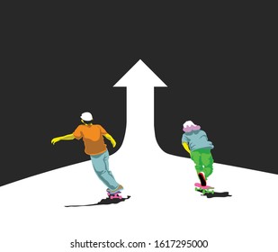 two boys use a skateboard in the same direction