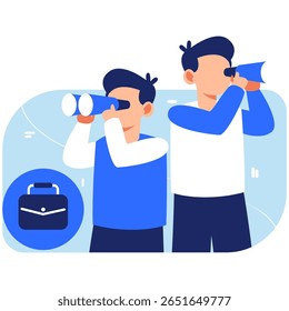 Two boys using binoculars to explore new opportunities, representing curiosity, discovery, and enthusiasm in a vibrant setting