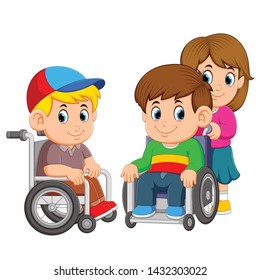 the two boys are using the wheel chair with the girl push it