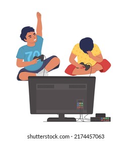 Two Boys Video Game Player Vector Illustration. Winner And Looser Gamer Front Of Television Screen Isolated On White Background. Happy And Sad Children