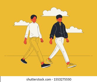 Two boys are walking down the street. Yellow background Black outline style. hand drawn style vector design illustrations. 