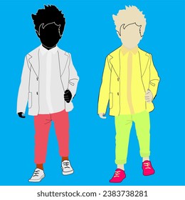 two boys walking on a blue background