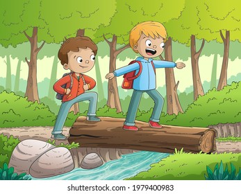 Dos chicos caminando por el bosque. Ilustración vectorial dibujada a mano con capas separadas.