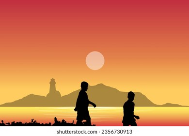 Two boys are walking together at sunset, enjoying their friendship with nature, with a Summer Sunset At The Beach vector illustration. And a picturesque lighthouse and mountain landscape.
