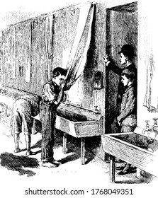 Two boys washing up before going to bed, and two other boys watching them, vintage line drawing or engraving illustration 